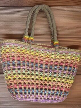 Sun And Sand Purse Straw Woven Tote Zip Closure 2 Pockets Inside Rainbow Colors